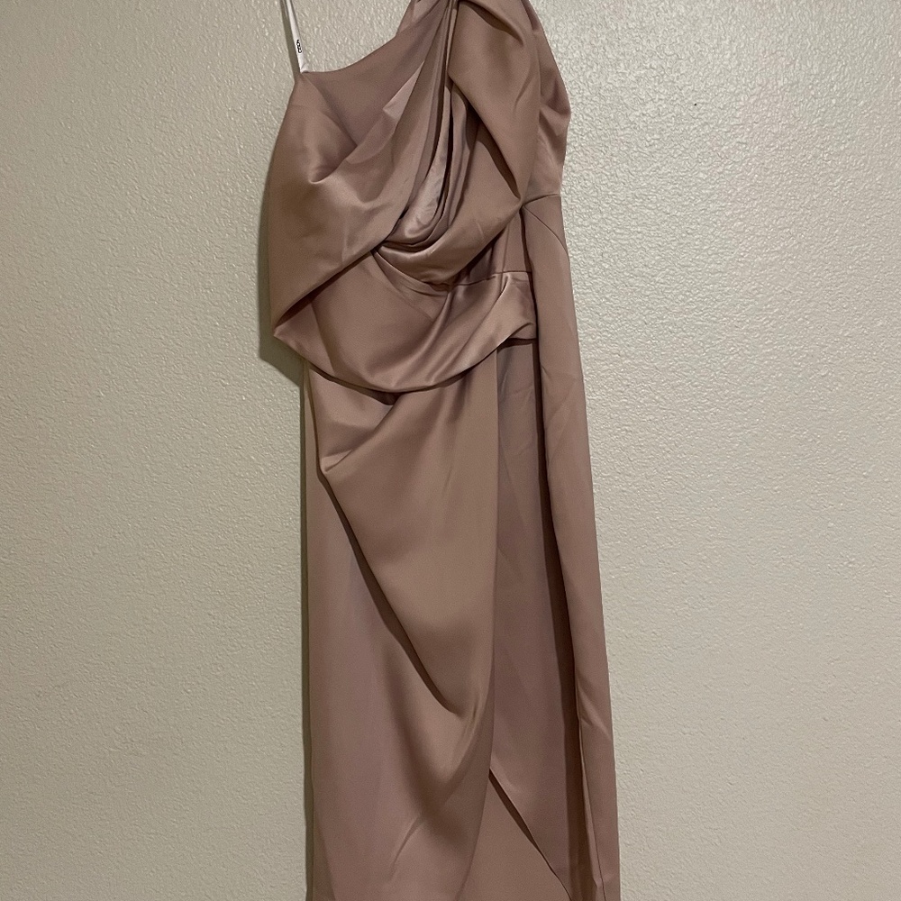 ASOS DESIGN One shoulder twist front midi dress in camel